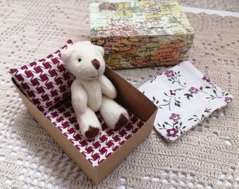 Miniature bear burgundy bedset Dollhouse miniature lovely gift for collector Toy in a matchbox Matchbox doll teddy bear vintage beige bear