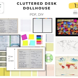 May include: A printable dollhouse design for a cluttered desk, featuring a world map, notebooks, sticky notes, pencils, and other office supplies. The design is 1:6 scale and measures 1.5 inches or 4.1 cm.