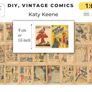 May include: A collage of vintage comic book pages featuring Katy Keene, a fashion doll. The pages are in black and white and color, and feature illustrations of women in various fashions. The text on the pages includes "Katy Keene Fashion Book" and "Giant Katy Annual".