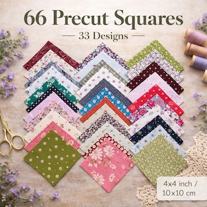Könnte beinhalten: Eine Sammlung von 66 vorgeschnittenen Stoffquadraten mit 33 verschiedenen Blumen- und geometrischen Mustern. Jedes Quadrat misst 10x10 cm. Das Set ist in einem Raster angeordnet und zeigt eine Vielzahl von Farben wie Rosa, Grün, Blau und Rot.