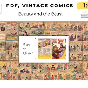 Può includere: Una copertina di fumetto vintage con La Bella e la Bestia. La copertina è illustrata con una scena colorata di Belle e la Bestia in un'ambientazione da castello. Il testo "Beauty and the Beast" è stampato in grassetto sulla copertina.