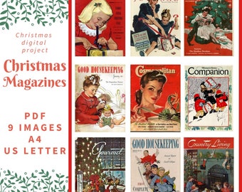 PDF Christmas Vintage Magazine Cover, Digital Collage Sheet, Retro, cards, A4, US Letter, 9 images, Instant Download, Junk Journal Kit