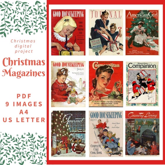 PDF Christmas Vintage Magazine Cover, Digital Collage Sheet, Retro, cards, A4, US Letter, 9 images, Instant Download, Junk Journal Kit