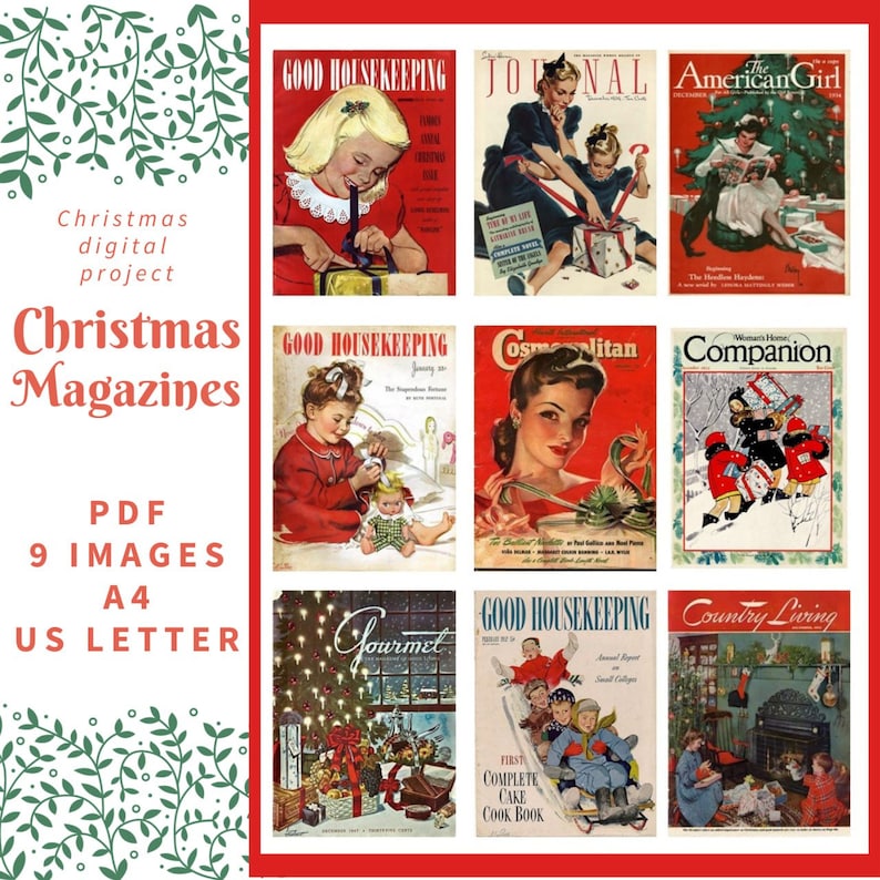 May include: A collage of nine vintage Christmas magazine covers featuring illustrations of people celebrating the holidays. The covers include titles like "Good Housekeeping", "Journal", "The American Girl", "Cosmopolitan", "Woman's Home Companion", "Gourmet", "Country Living", and more.