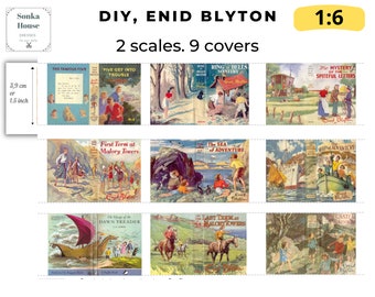 Miniaturowe książki Enid Blyton w formacie PDF – zestaw domków dla lalek do druku w skali 1:6 z 9 okładkami dla Blyton