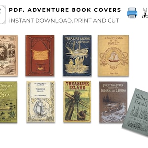 May include: A collage of nine vintage book covers featuring classic adventure stories. The covers are illustrated with scenes of ships, islands, and explorers. The titles include "Treasure Island", "Twenty Thousand Leagues Under the Sea", "The Cruise of the Comet", and "Gulliver's Travels".