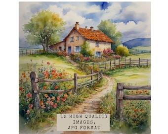 12 JPGs, High-Quality Images, Designs of Village, watercolor, Digital Planner, Junk Journal, Clip Art, Digital Download,Commercial Use