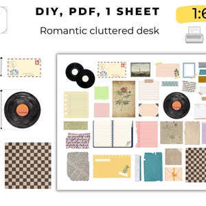Puede incluir: Una hoja PDF de bricolaje con un tema de escritorio romántico desordenado. Incluye una variedad de elementos de papel, dos discos de vinilo (4 cm de diámetro) y un patrón de tablero de ajedrez (5 cm cuadrado). El texto dice "DIY, PDF, 1 SHEET" y "Romantic cluttered desk."