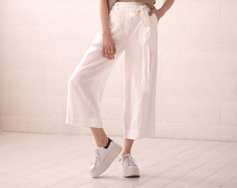 Linen culotte trousers, wide leg linen pants, linen trouser in white, bow detail at front