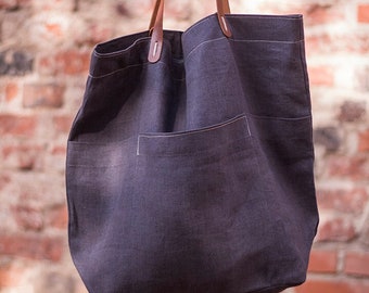 Linen shoulder bag, linen tote bag, leather handles, zero waist culture, every day shopper bag for women