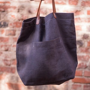 Linen shoulder bag, linen tote bag, leather handles, zero waist culture, every day shopper bag for women