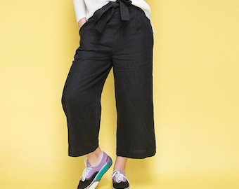 Linen cropped wide leg lounge pants, cropped length casual linen trousers, linen clothing for her