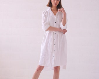 Vacation button-down shirt dress, pure linen belted knee length shirt dress, everyday linen dress, dress with belt