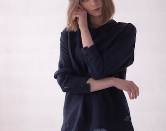 Lightweight linen blouse, linen deep blue shirt, classic flax shirt for women, linen top, shirt in linen fabric