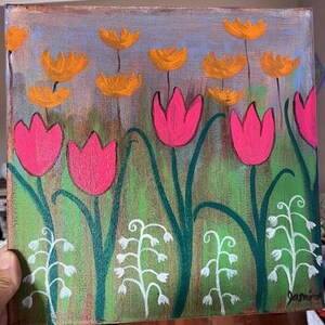 May include: A painting of a field of pink tulips with yellow flowers and white bell-shaped flowers. The background is a light blue with a hint of brown.