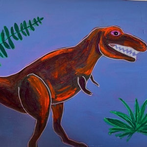 T-Rex and Stegosaurus pair on recycled wood.