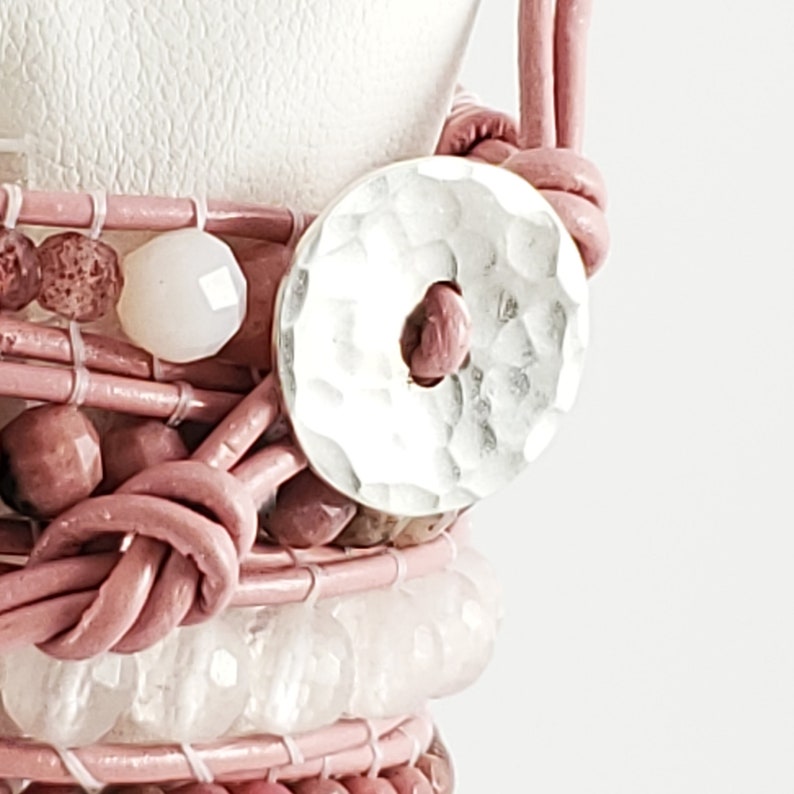 Genuine Leather Custom sizes available Gemstone Five-Wrap Bracelet Creamy Rose Pinks