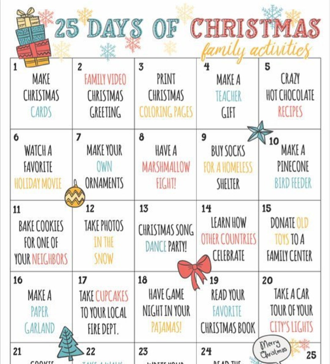 Christmas Countdown Calendar of Fun Family Activities Etsy