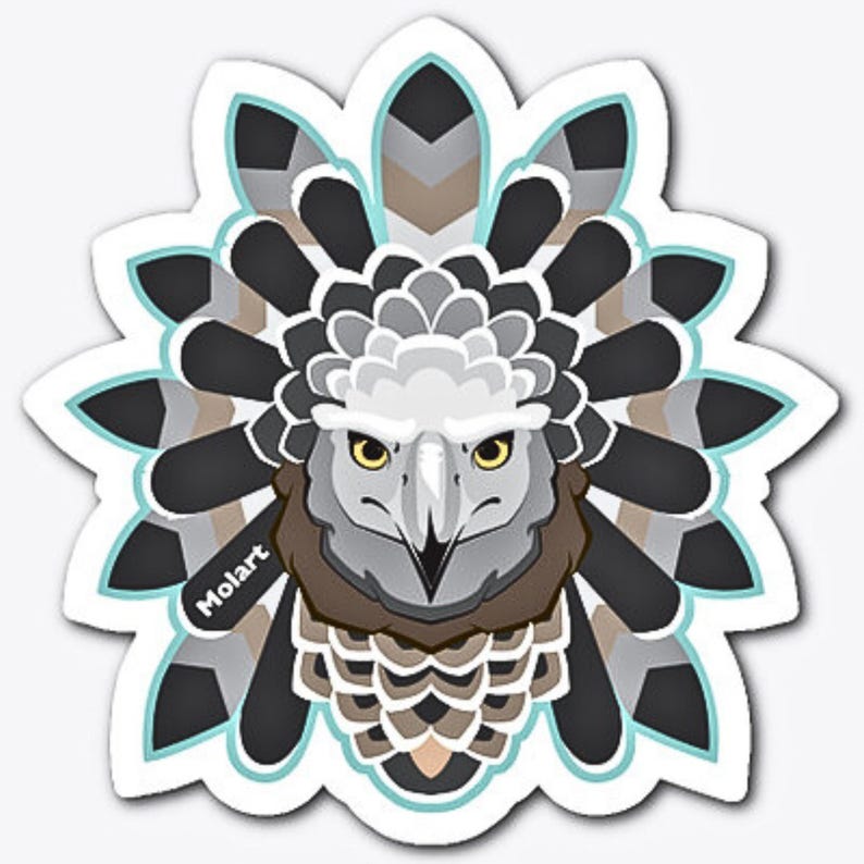 May include: A sticker featuring a stylized illustration of a bird of prey with a black, white, and brown feathered headdress. The bird's eyes are yellow, and its beak is black. The sticker has a teal blue outline.