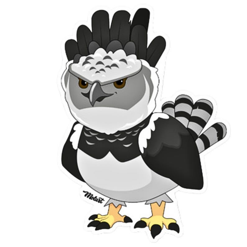 May include: A cartoon illustration of a Harpy Eagle with black and white feathers. The eagle has a fierce expression with yellow eyes and a sharp beak. The eagle is standing on its feet with its wings folded.