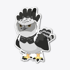 May include: A cartoon illustration of a Harpy Eagle with a gray and black feathered body, a white chest, and yellow feet. The eagle has a fierce expression and a prominent crest of feathers on its head.