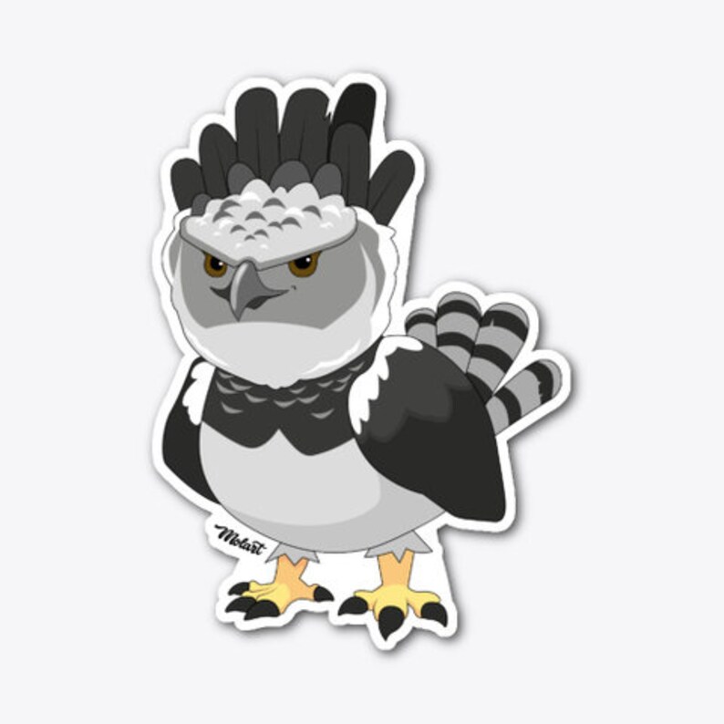 May include: A cartoon illustration of a Harpy Eagle with a gray and black feathered body, a white chest, and yellow feet. The eagle has a fierce expression and a prominent crest of feathers on its head.