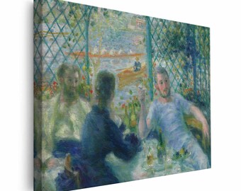 Puede incluir: Una pintura de tres personas sentadas en una mesa al aire libre. Las personas están vestidas con ropa de color claro y están rodeadas de vegetación. La pintura está realizada en un estilo suelto e impresionista, con pinceladas visibles en todo. La escena es pacífica y serena, con una sensación de calidez e intimidad.