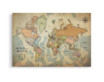 Vintage Push Pin World Map Personalized World Map Vintage Push Pin Travel Map Customized World Map Vintage World Map Wall Art