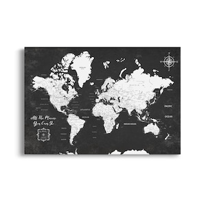 Dark Gray Push Pin World Map Personalized World Map Dark Gray Push Pin Travel Map Customized World Map Dark Gray World Map Wall Art