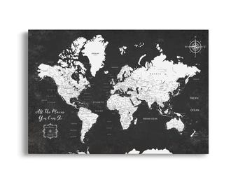 Dark Gray Push Pin World Map Personalized World Map Dark Gray Push Pin Travel Map Customized World Map Dark Gray World Map Wall Art