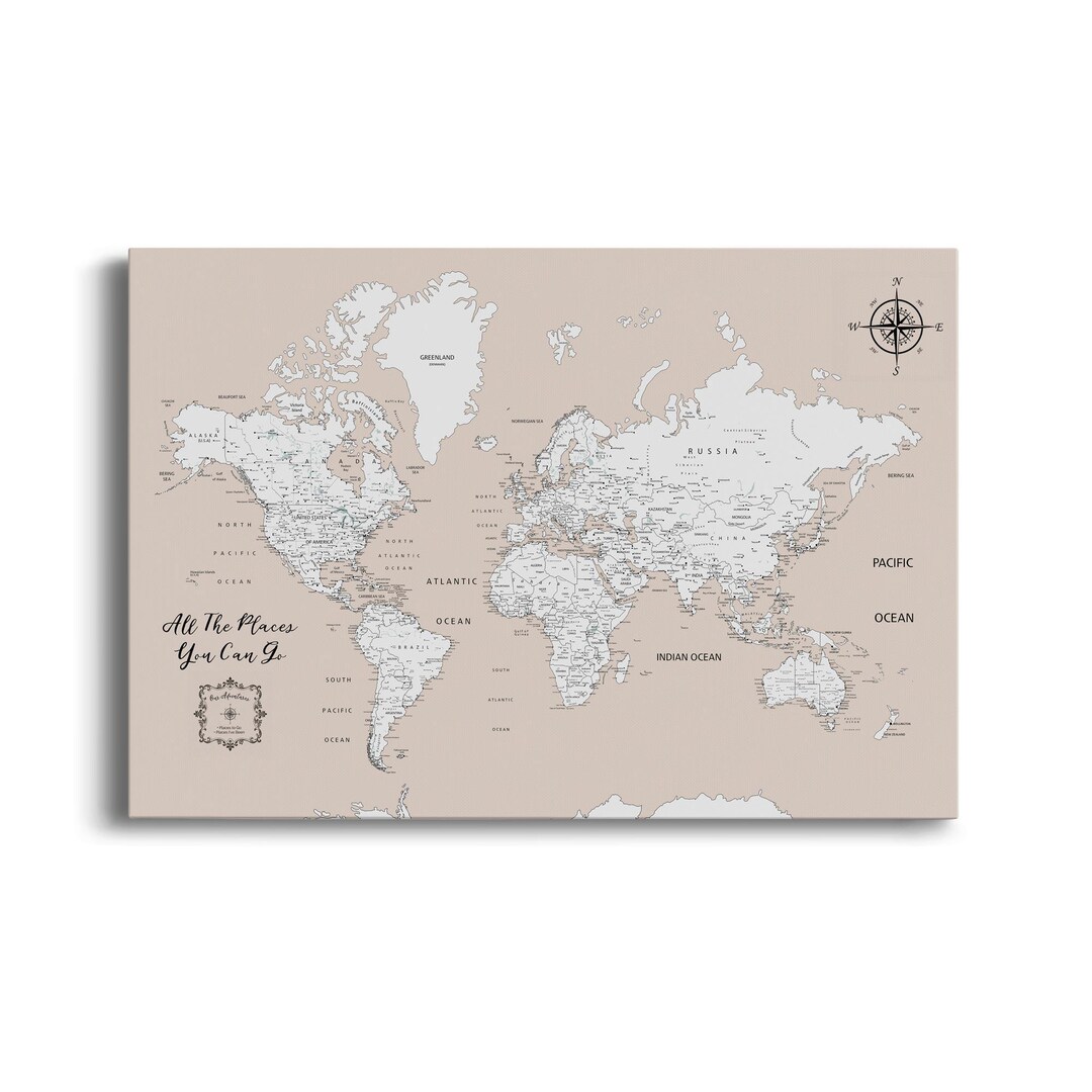 Push Pin Travel Map - Beige | Personalized Canvas Print | Wall Art ...