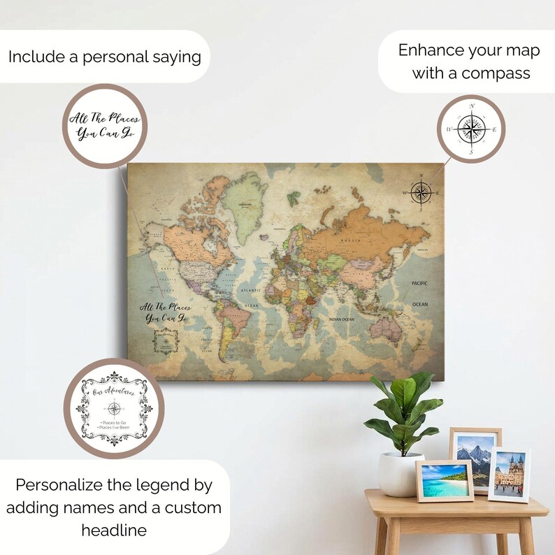 Push Pin World Map - Vintage | Personalized Canvas Print | Multiple ...