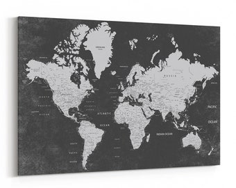 Dark Gray Push Pin World Map Personalized World Map Dark Gray Push Pin Travel Map Customized World Map Dark Gray World Map Wall Art