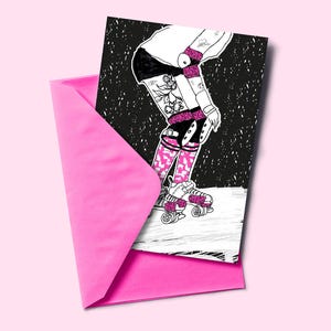Carte postale ROLLER DERBY imprimée en risographie et enveloppe colorée
