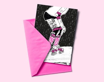 ROLLER DERBY-Postkarte im Risografie-Druckverfahren und farbiger Umschlag