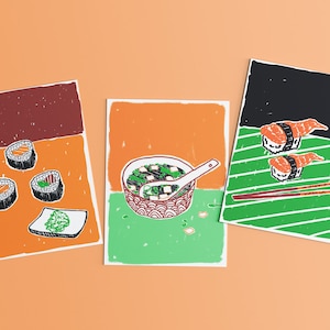 Lot de 3 cartes postales SUSHI PARTY imprimées en risographie + enveloppes colorées
