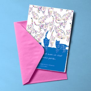 Carte postale CHATS imprimée en risographie et enveloppe colorée