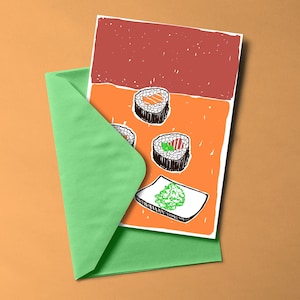 Carte postale MAKI imprimée en risographie et enveloppe colorée