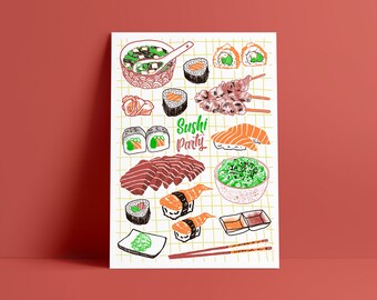 A3-Plakat „SUSHI PARTY“, im Risografieverfahren in Frankreich gedruckt