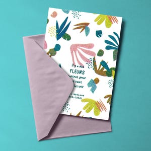 Carte postale FLEURS imprimée en risographie et enveloppe colorée