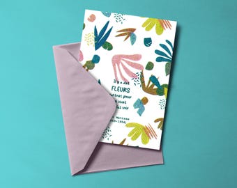 BLUMEN-Postkarte im Risografie-Druckverfahren und farbiger Umschlag