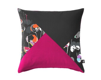 Quadratisches Patchworkkissen 40x40 cm Mohnmuster, hergestellt in Frankreich und von Hand