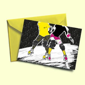 Carte postale ROLLER DERBY 3 imprimée en risographie et enveloppe colorée