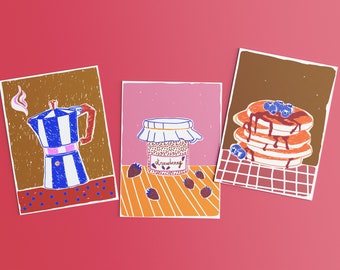 Set mit 3 FRÜHSTÜCKSZEIT-Postkarten im Risografie-Druckverfahren + farbige Umschläge