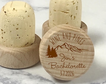 Wine and Pines Bachelorette Wine Stopper, FREE Organza Bags, Unique Mountain Themed Bachelorette Wine Cork Party Favor
