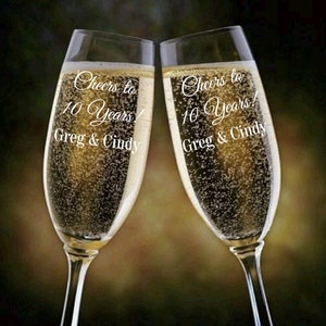 Cheers to 10 Years Champagne Glasses, Anniversary Champagne Flutes, Toasting Glass, Anniversary Gift, Champagne Flute Set, 10th Anniversary