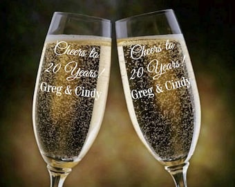Cheers to 20 Years Champagne Glasses, Anniversary Champagne Flutes, Toasting Glass, Anniversary Gift, Champagne Flute Set, 20th Anniversary