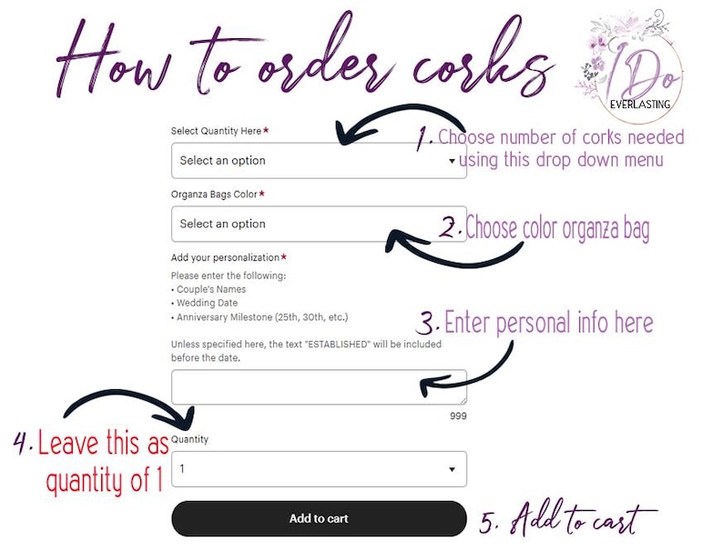May include: A step-by-step guide on how to order personalized cork stoppers. The image shows a website with a drop-down menu to select the quantity of corks, a drop-down menu to select the color of the organza bag, and a text box to enter personalization information. The text "Leave this as quantity of 1" is highlighted with an arrow.