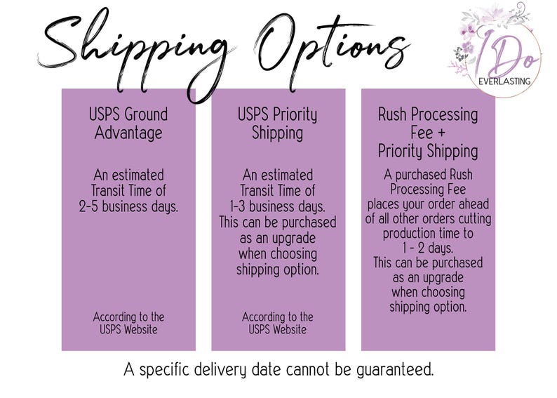 May include: A purple and white graphic with the text "Shipping Options" and three columns describing USPS Ground Advantage, USPS Priority Shipping, and Rush Processing Fee + Priority Shipping. Each column includes an estimated transit time and information about purchasing an upgrade. The graphic also includes the text "A specific delivery date cannot be guaranteed."