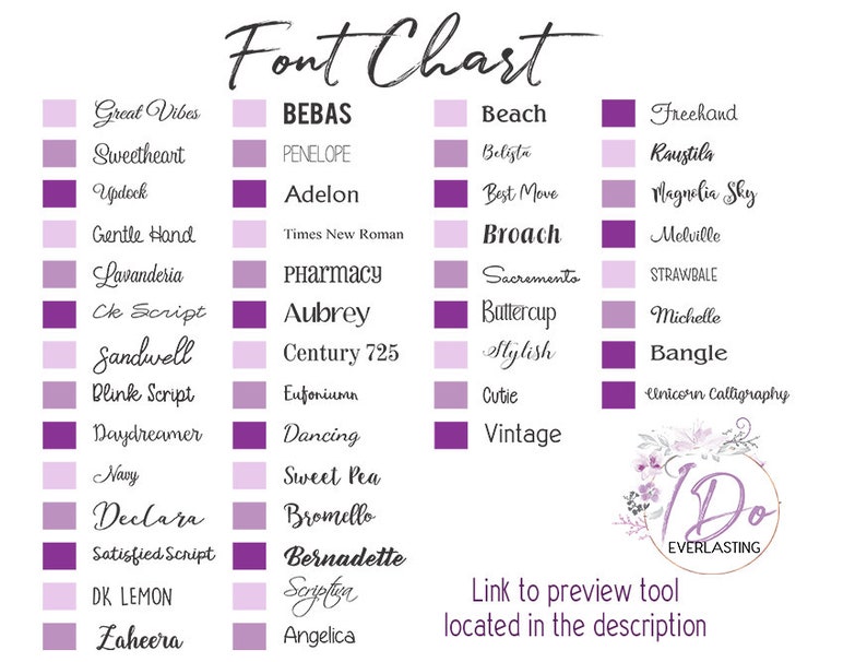 May include: A chart with a list of different fonts in pink and purple boxes. The fonts are categorized by style and include names like "Great Vibes", "Sweetheart", "Updock", "BEBAS", "PENELOPE", "Adelon", "Beach", "Belista", "Best Move", "Freehand", "Raustila", "Magnolia Sky", "Gentle Hand", "Times New Roman", "Broach", "Melville", "Lavanderia", "Pharmacy", "Sacremento", "STRAWBALE", "Ck Script", "Aubrey", "Battercup", "Michelle", "Sandwell", "Century 725", "Stylish", "Bangle", "Blink Script", "Eufoniumn", "Cutie", "Unicorn Calligraphy", "Daydreamer", "Dancing", "Sweet Pea", "Bromello", "Bernadette", "Soyplyn", "Angelica", "Vintage". The chart also includes the text "Link to preview tool located in the description".